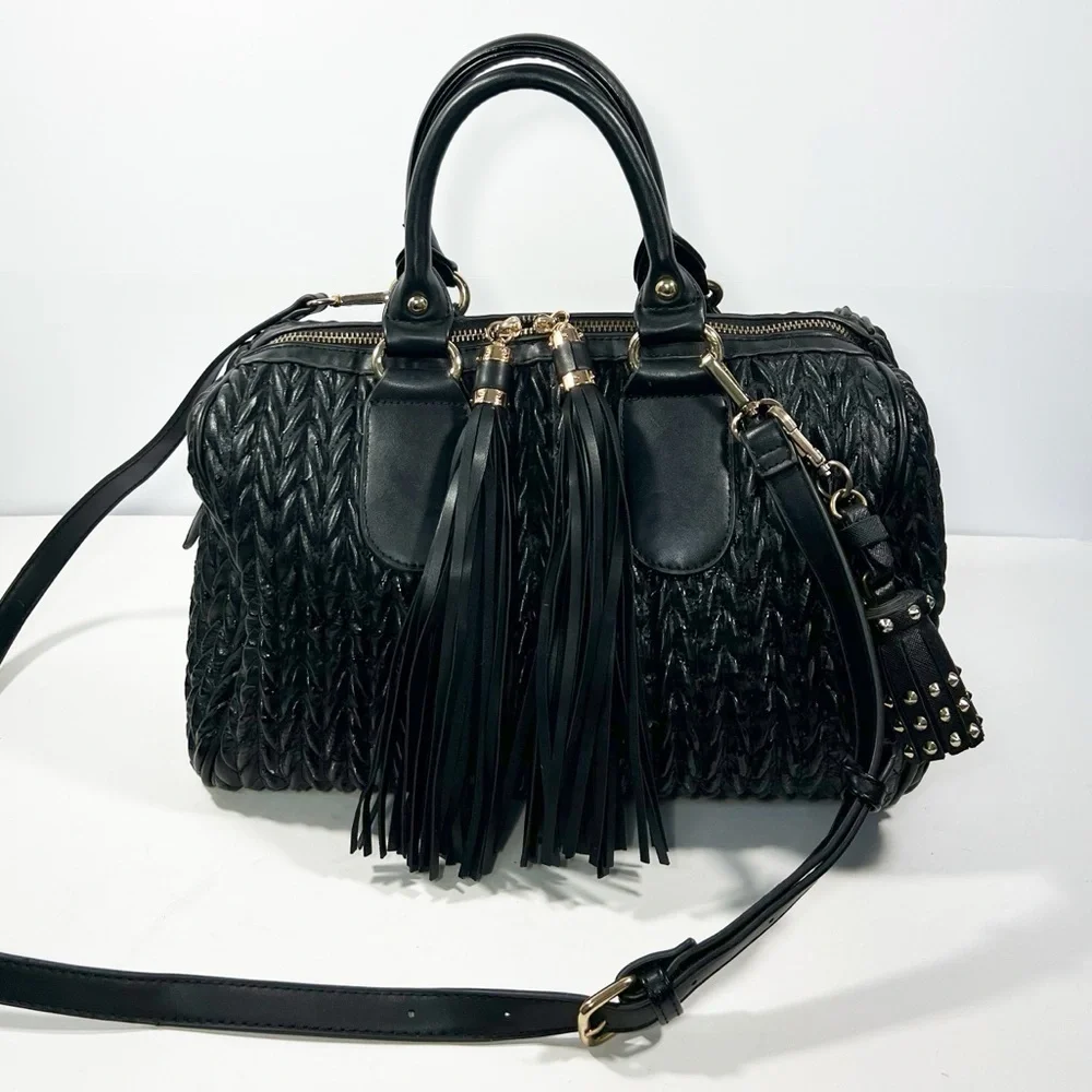 Black Gathered Vegan Leather Large Handbag with Tassels Gold Harware